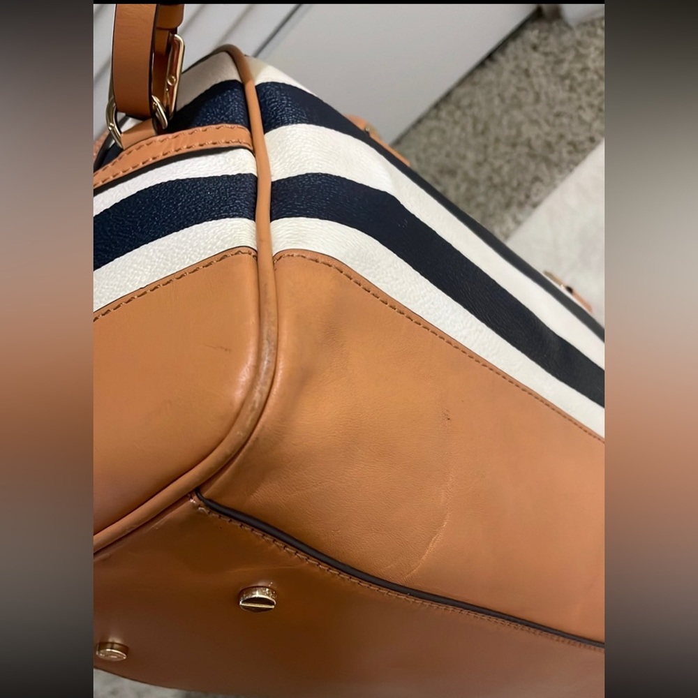 Tory Burch Navy and White Striped Satchel with Tan Trim - Picture 6 of 13